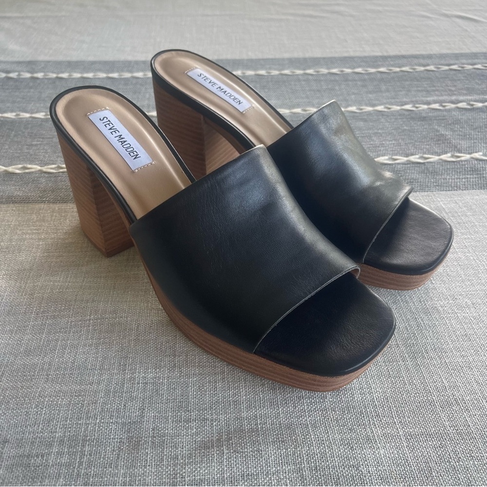Steve Madden Elda Sandal Platform Block Heel Black Leather Size 10 Chunky Y2K - Picture 3 of 5
